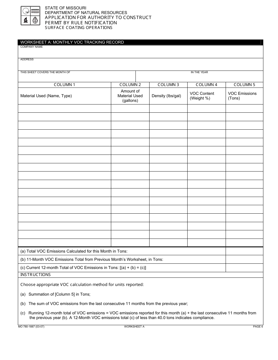 Form MO780-1887 Application for Authority to Construct, Permit by Rule Notification - Surface Coating Operations - Missouri, Page 6