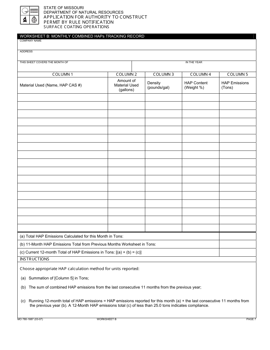 Form MO780-1887 Application for Authority to Construct, Permit by Rule Notification - Surface Coating Operations - Missouri, Page 7