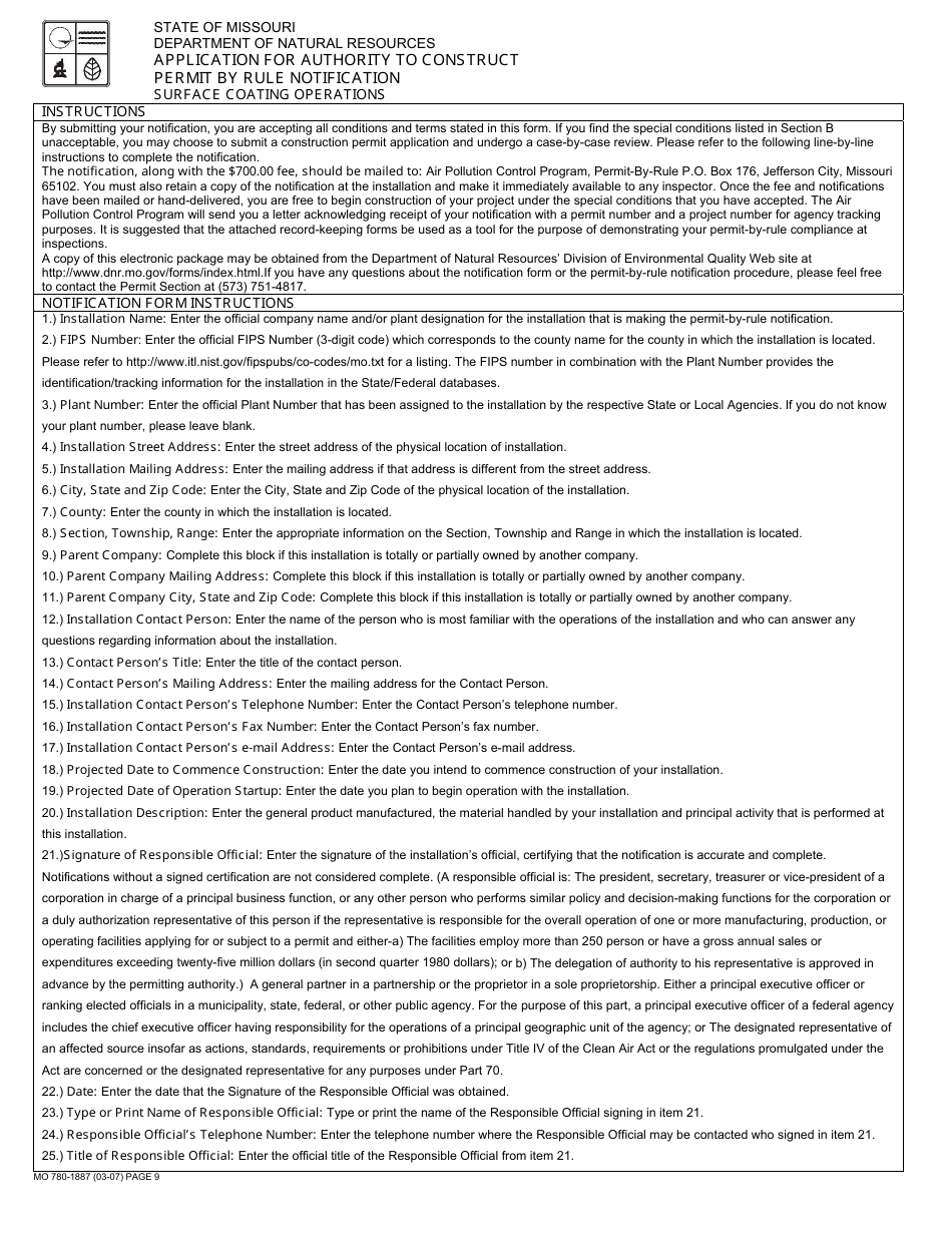 Form MO780-1887 Application for Authority to Construct, Permit by Rule Notification - Surface Coating Operations - Missouri, Page 9