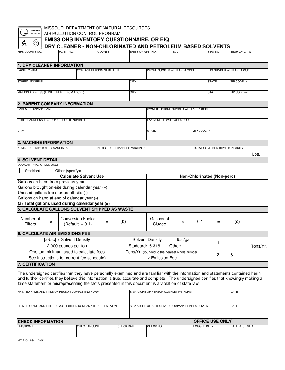 Form MO780-1954 Dry Cleaner - Non-chlorinated and Petroleum Based Solvents - Missouri, Page 1