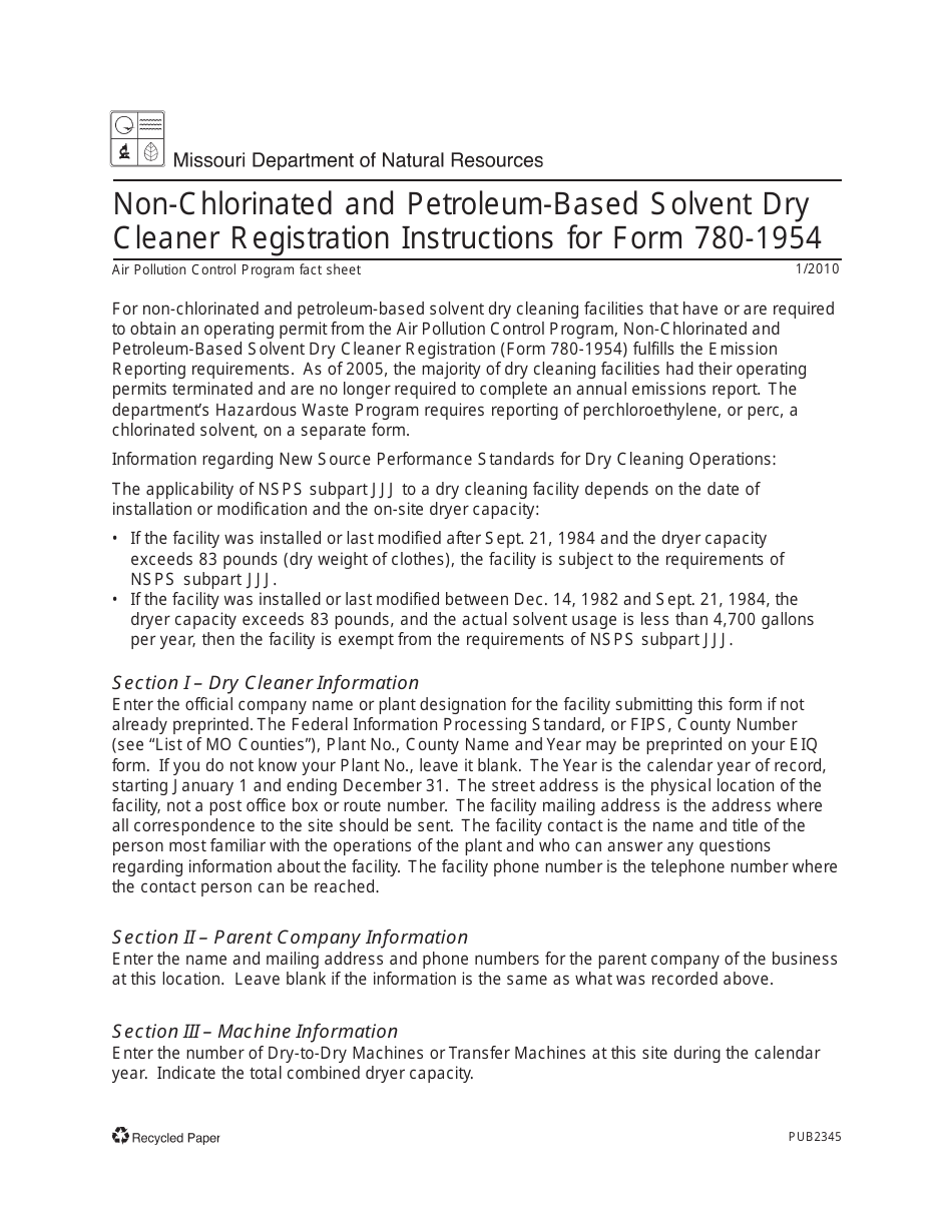 Instructions for Form MO780-1954 Dry Cleaner - Non-chlorinated and Petroleum Based Solvents - Missouri, Page 1