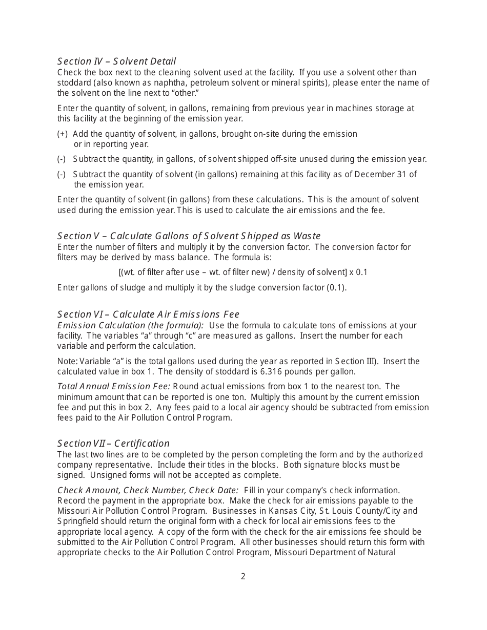 Instructions for Form MO780-1954 Dry Cleaner - Non-chlorinated and Petroleum Based Solvents - Missouri, Page 2