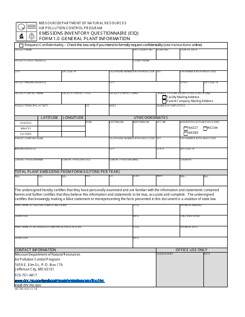 EIQ Form 1.0 (MO780-1431) Emissions Inventory Questionnaire (Eiq) General Plant Information - Missouri