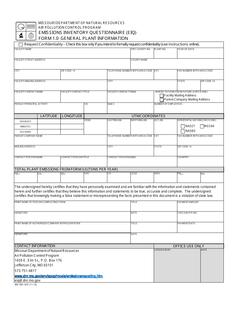 EIQ Form 1.0 (MO780-1431) Emissions Inventory Questionnaire (Eiq) General Plant Information - Missouri, Page 1