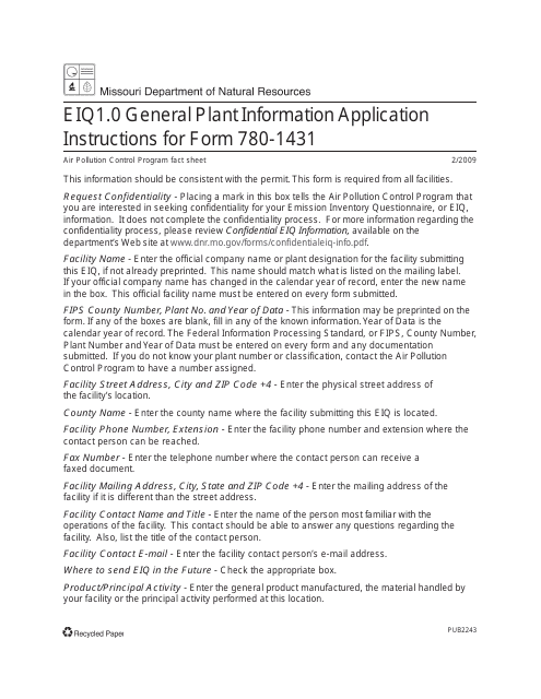 Instructions for EIQ Form 1.0, MO780-1431 General Plant Information Application - Missouri