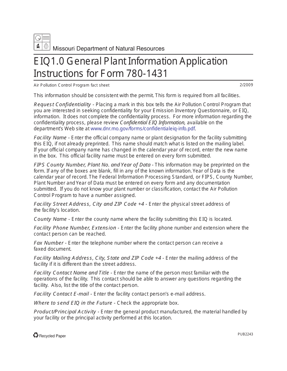 Instructions for EIQ Form 1.0, MO780-1431 General Plant Information Application - Missouri, Page 1