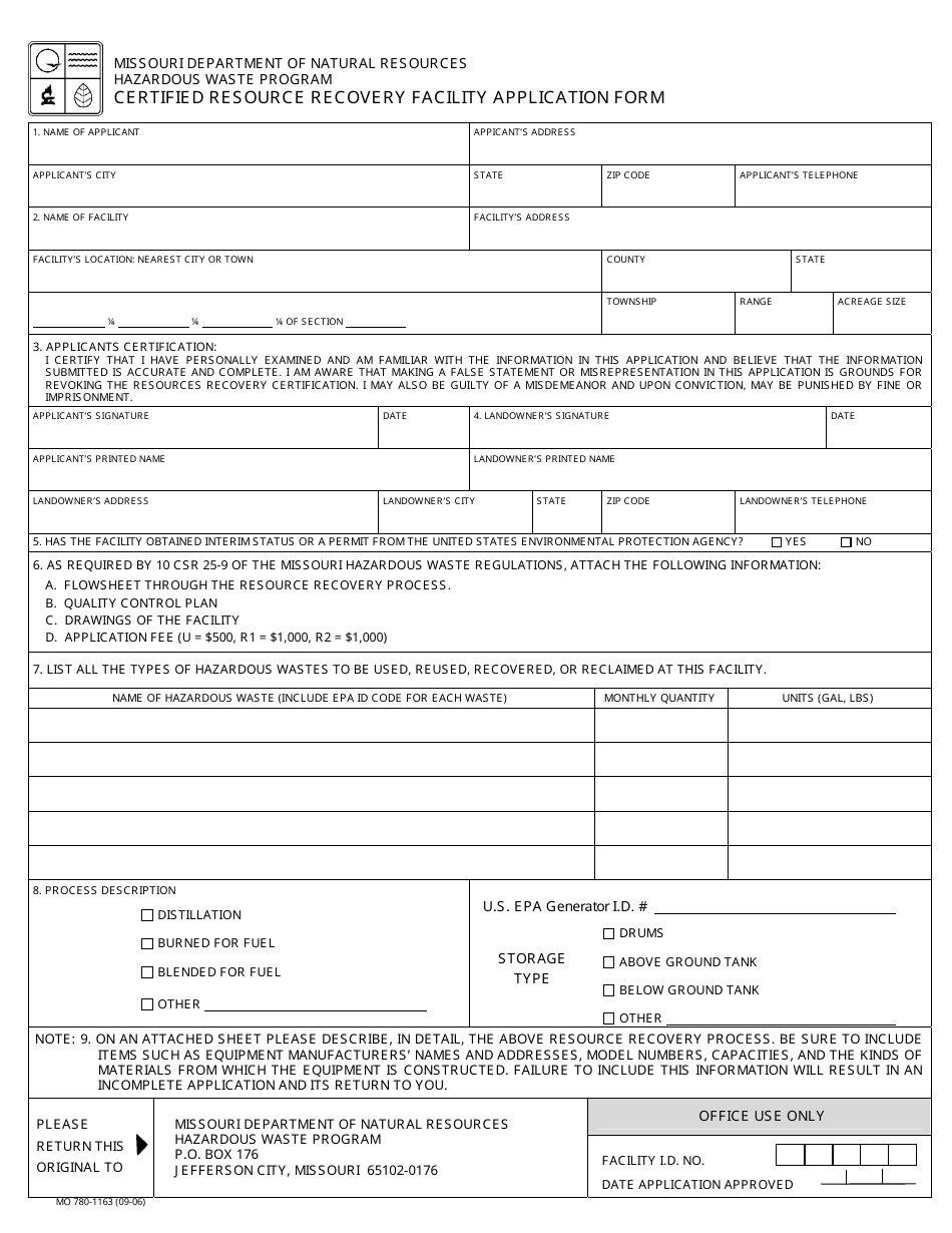 Form MO780-1163 Certified Resource Recovery Facility Application - Missouri, Page 1