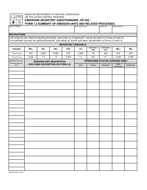 EIQ Form 1.2 (MO780-1620) Summary of Emission Units and Related Processes - Missouri