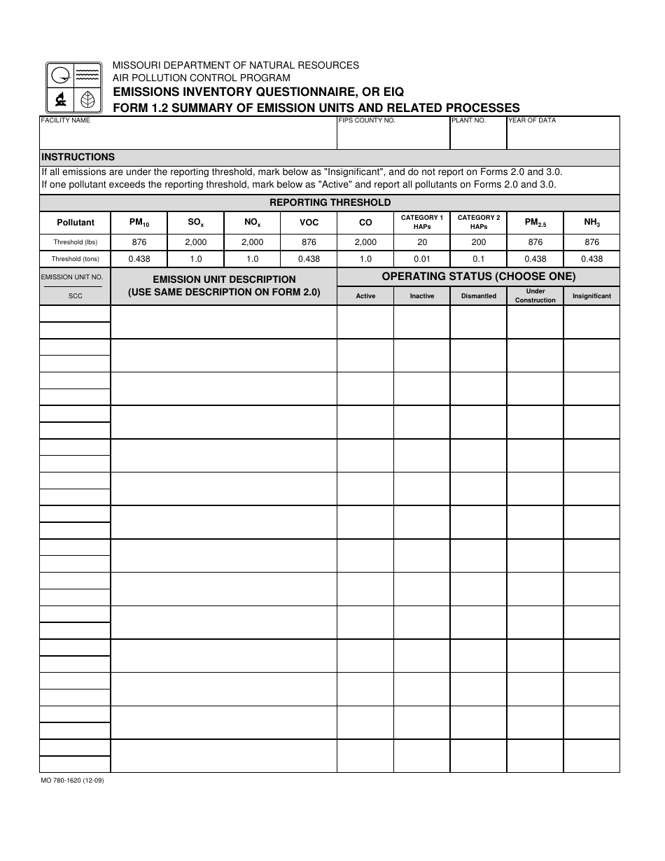EIQ Form 1.2 (MO780-1620) Summary of Emission Units and Related Processes - Missouri, Page 1
