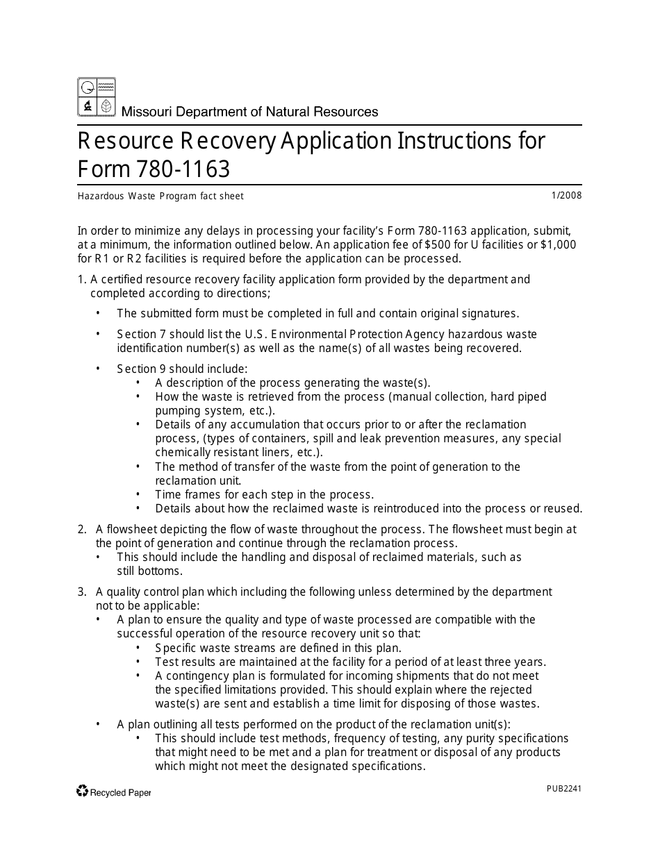 Instructions for Form MO780-1163 Certified Resource Recovery Facility Application - Missouri, Page 1
