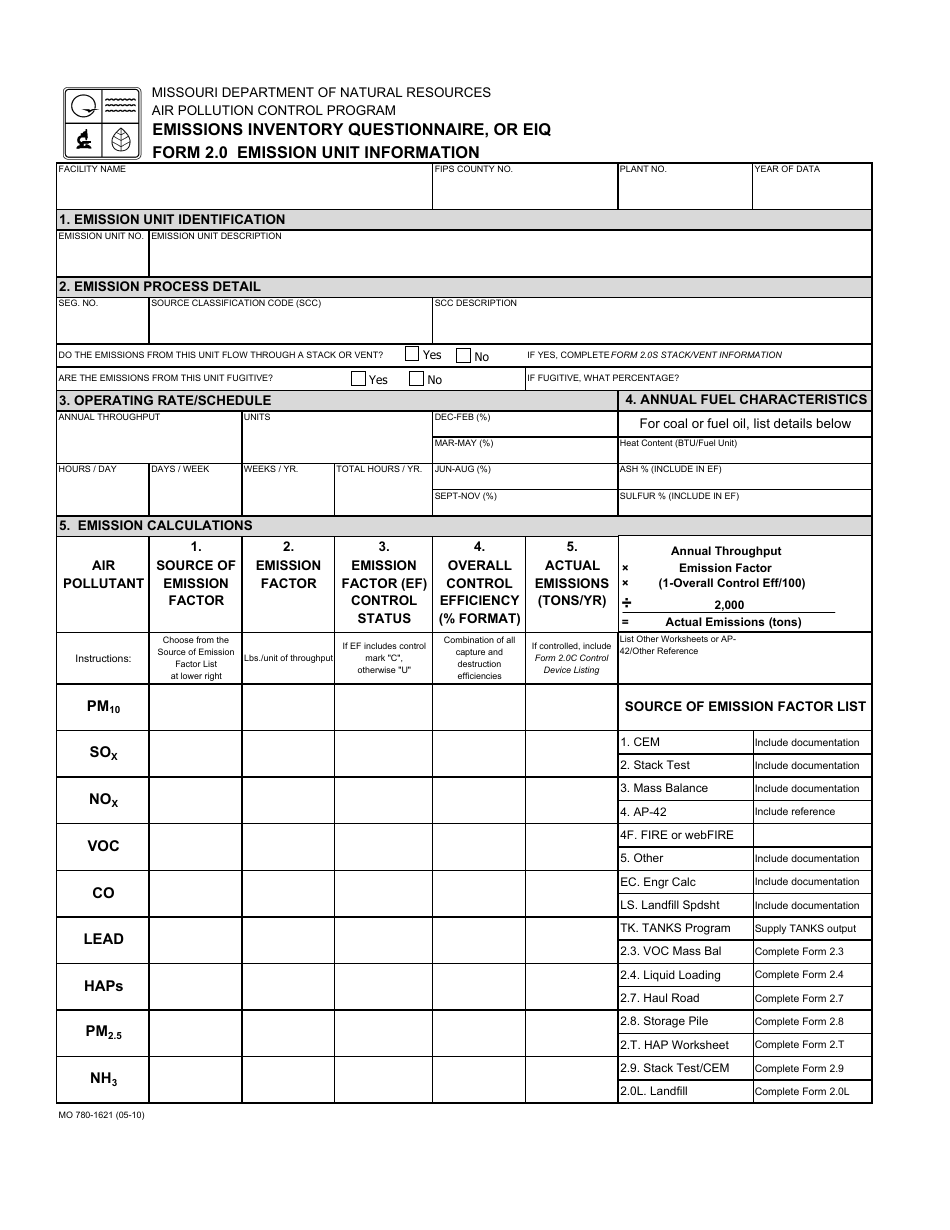 Form MO780-1621 (EIQ Form 2.0) Emission Unit Information - Missouri, Page 1