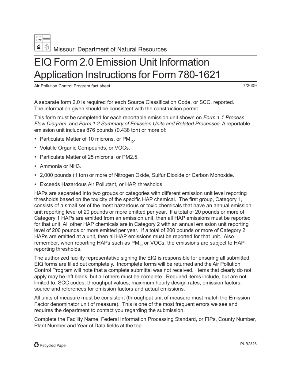 Instructions for Form MO780-1621, EIQ Form 2.0 Emission Unit Information - Missouri, Page 1