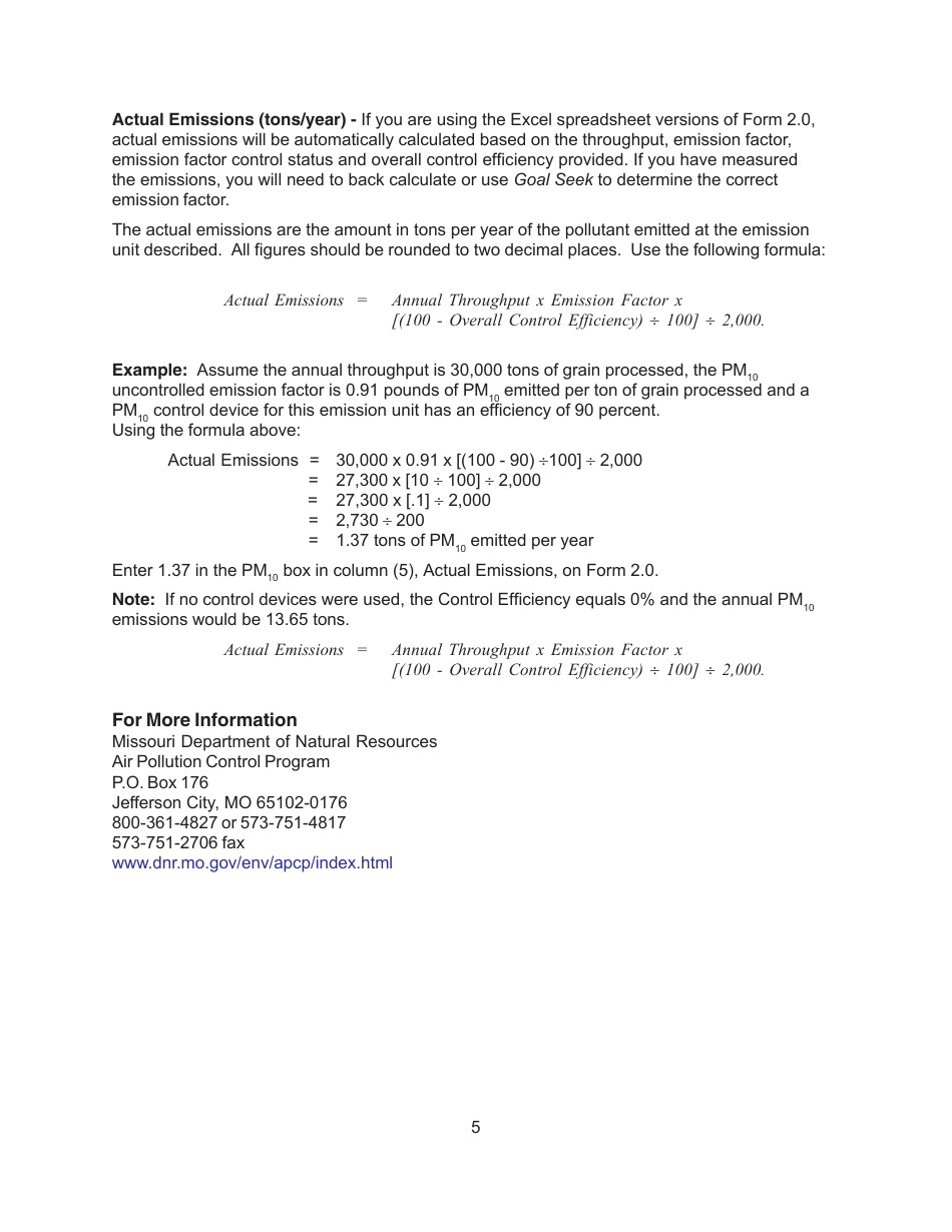 Instructions for Form MO780-1621, EIQ Form 2.0 Emission Unit Information - Missouri, Page 5