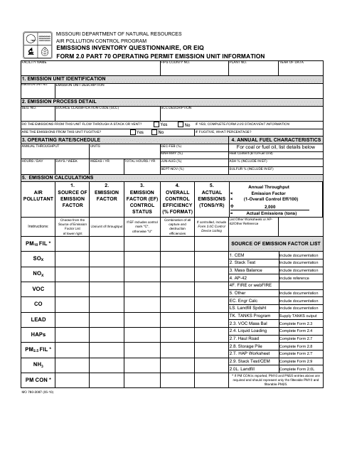 Form MO780-2087 (EIQ Form 2.0) Part 70 Operating Permit Emission Unit Information - Missouri