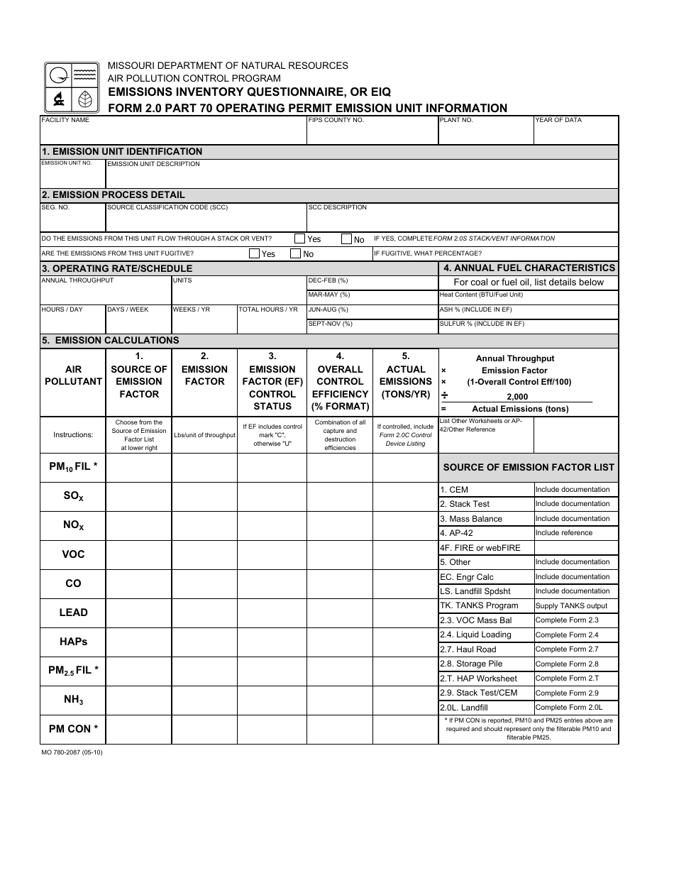 Form MO780-2087 (EIQ Form 2.0) Part 70 Operating Permit Emission Unit Information - Missouri, Page 1