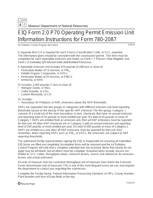 Form MO780-2087, EIQ Form 2.0 Part 70  Printable Pdf