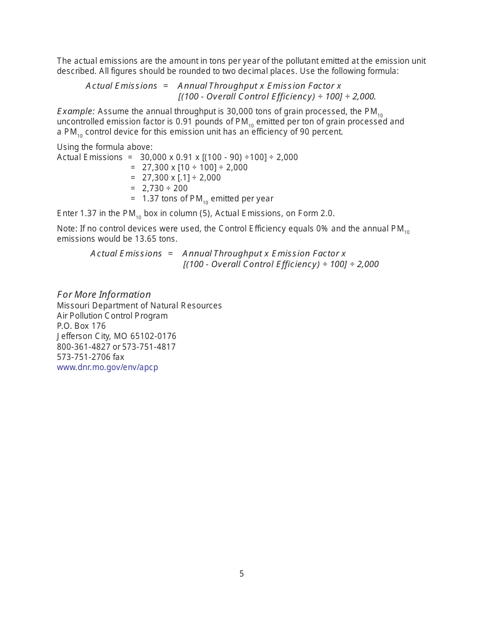 Instructions for Form MO780-2087, EIQ Form 2.0 Part 70 Operating Permit Emission Unit Information - Missouri, Page 5