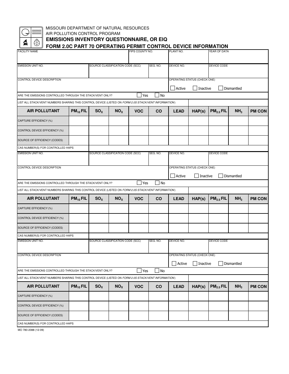 Form MO780-2088 (EIQ Form 2.0C) Part 70 Operating Permit Control Device Information - Missouri, Page 1