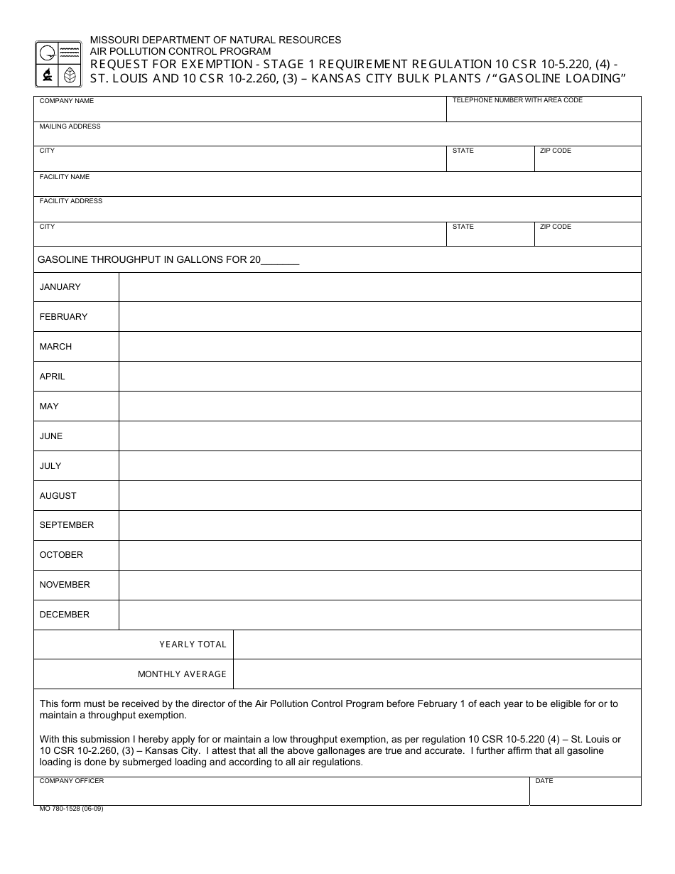 Form MO780-1528 Request for Exemption Stage 1 Requirement Regulation - Missouri, Page 1