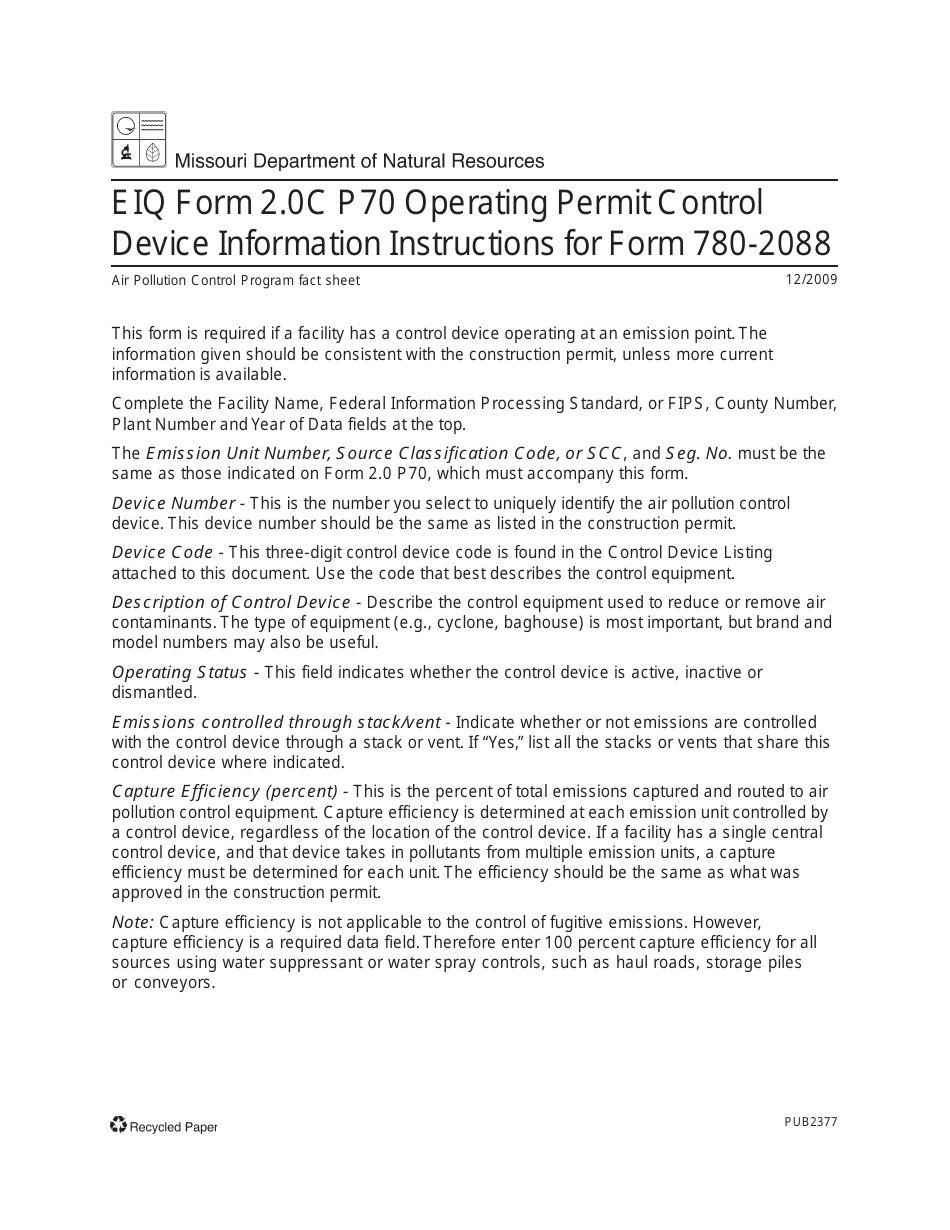 Instructions for Form MO780-2088, EIQ Form 2.0C Part 70 Operating Permit Control Device Information - Missouri, Page 1