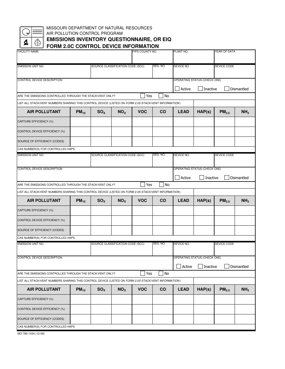 Form MO780-1434 (EIQ Form 2.0C) Control Device Information - Missouri, Page 1