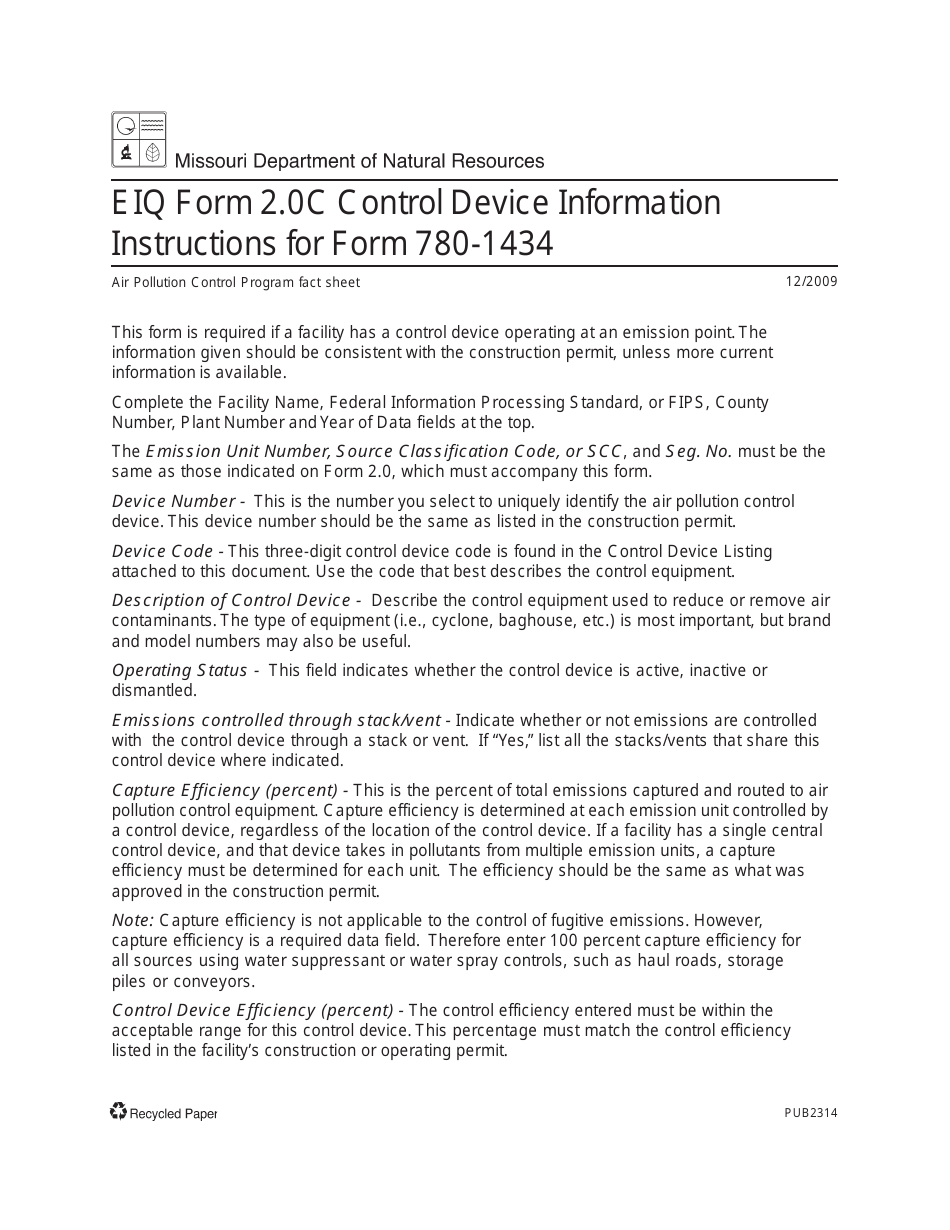 Instructions for Form MO780-1434, EIQ Form 2.0C Control Device Information - Missouri, Page 1