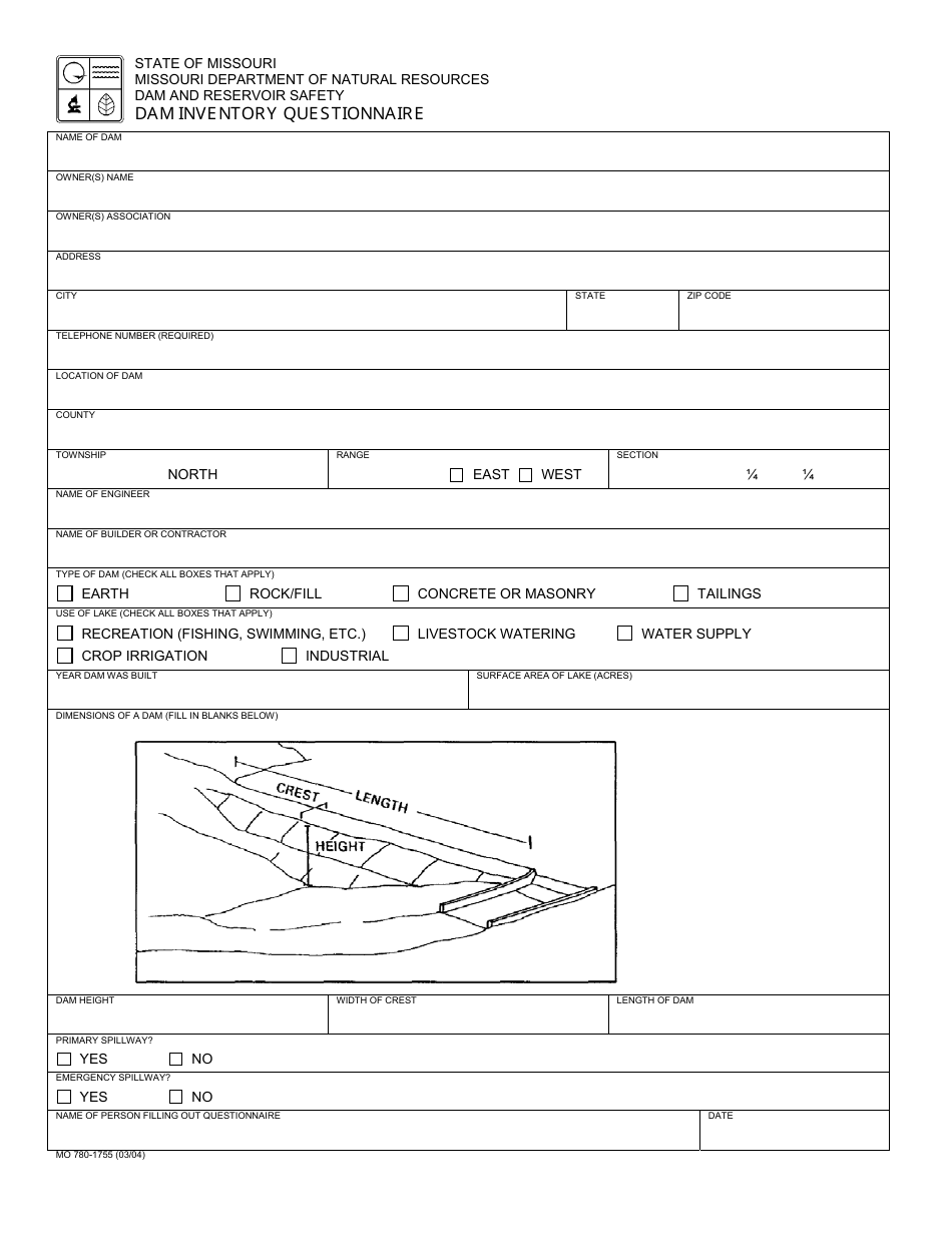 Form MO780-1755 Dam Inventory Questionnaire - Missouri, Page 1