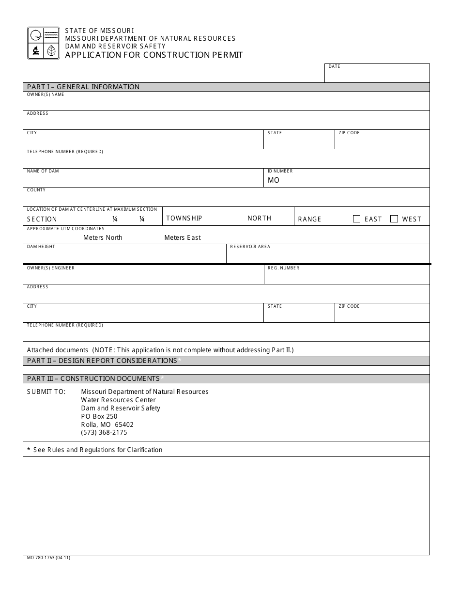 Form MO780-1763 Application for Construction Permit - Missouri, Page 1