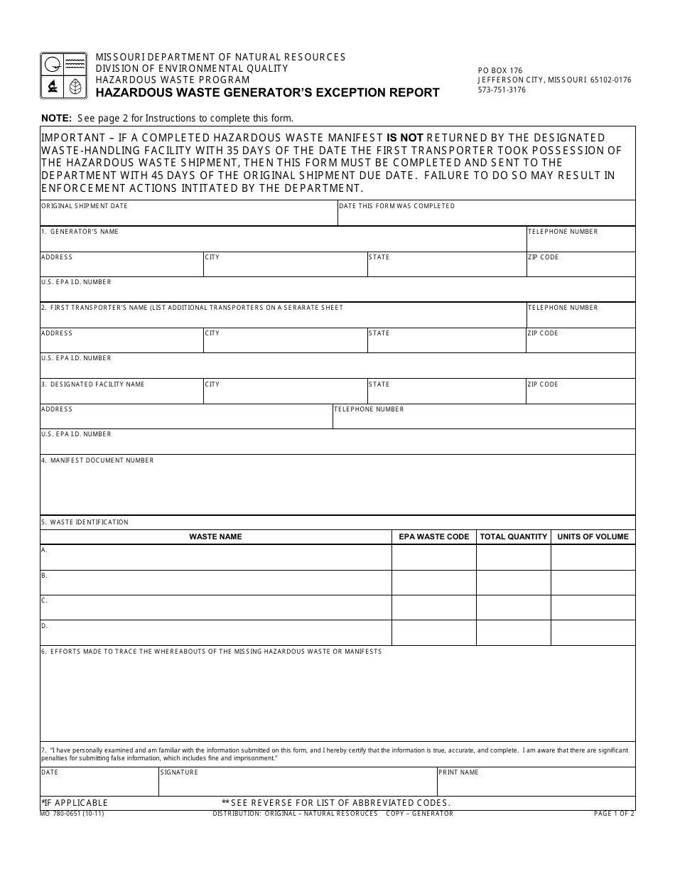 Form MO780-0651 Hazardous Waste Generators Exception Report - Missouri, Page 1