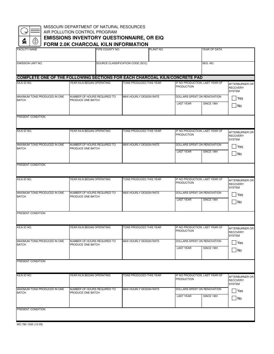 Form MO780-1530 (EIQ Form 2.0K) Charcoal Kiln Information - Missouri, Page 1
