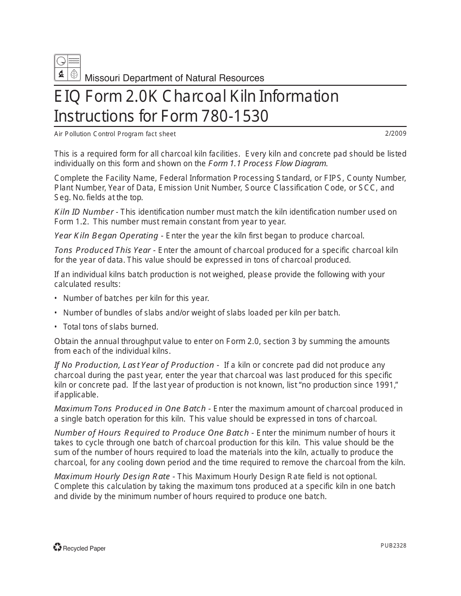 Instructions for Form MO780-1530, EIQ Form 2.0K Charcoal Kiln Information - Missouri, Page 1