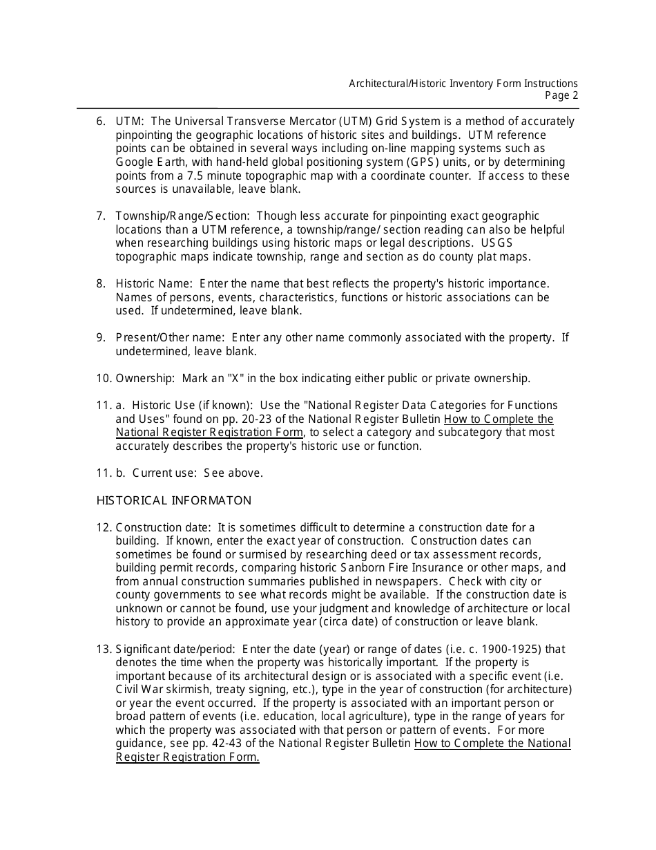 Instructions for Form MO780-2125 Architectural / Historic Inventory Form - Missouri, Page 2