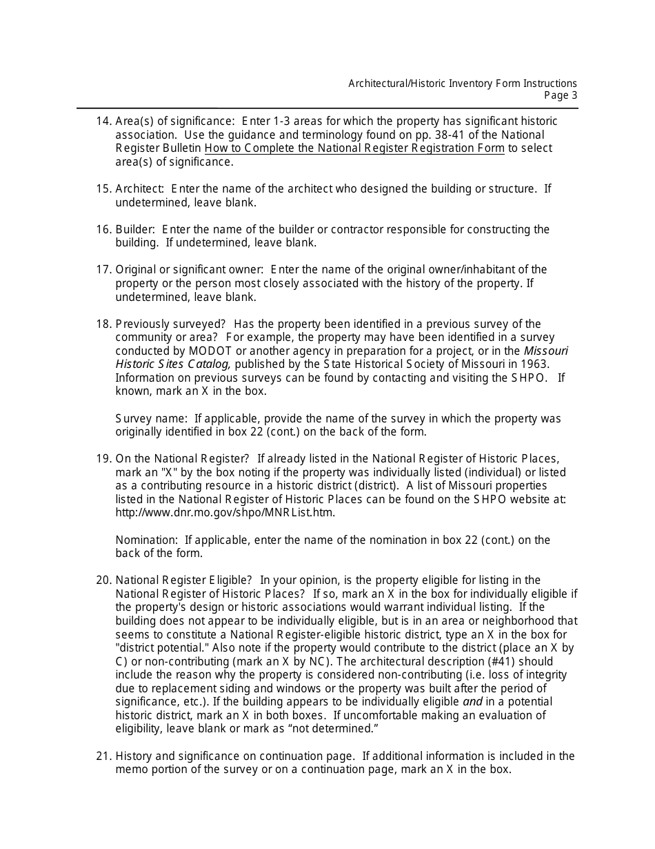 Instructions for Form MO780-2125 Architectural / Historic Inventory Form - Missouri, Page 3