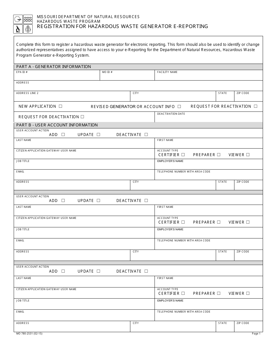 Form MO780-2531 Registration for Hazardous Waste Generator E-Reporting - Missouri, Page 1