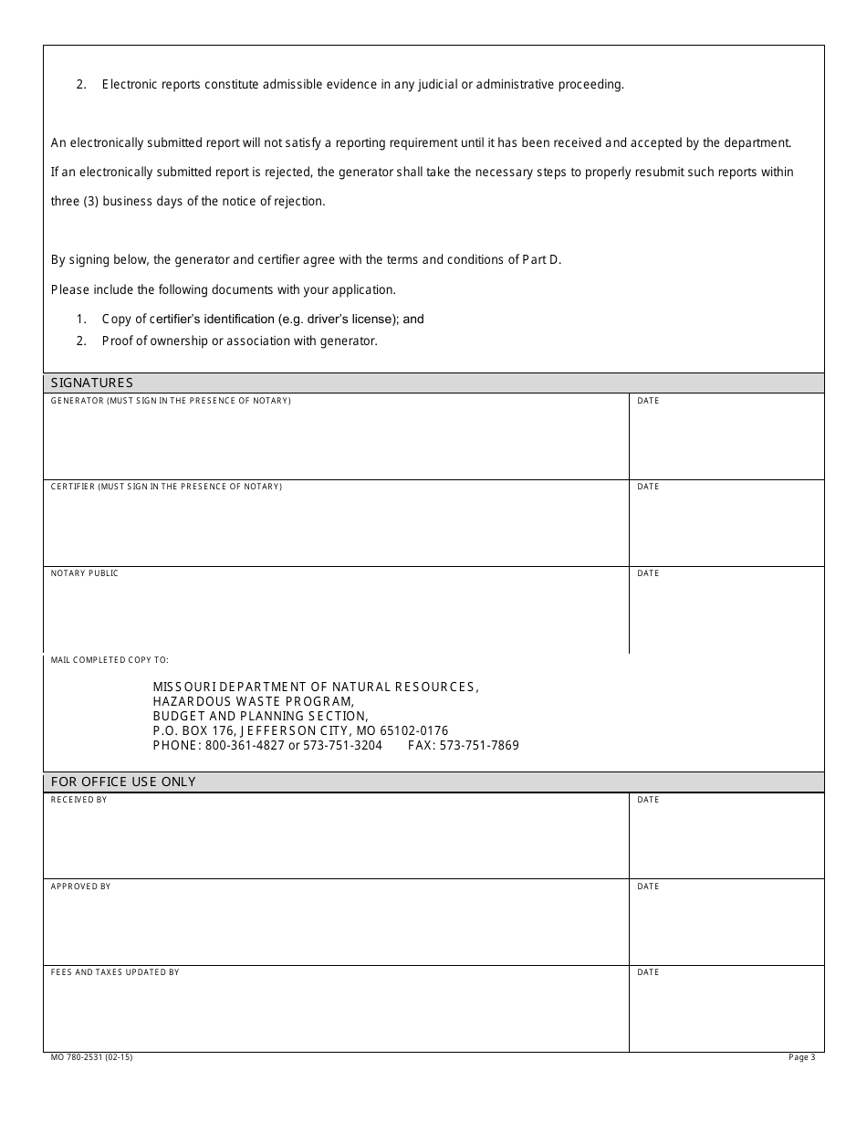 Form MO780-2531 Registration for Hazardous Waste Generator E-Reporting - Missouri, Page 3