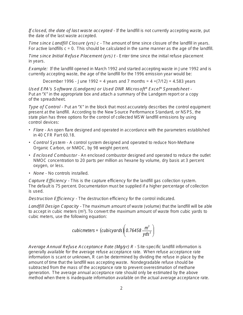 Instructions for Form MO780-1583, EIQ Form 2.0L Landfill Worksheet - Missouri, Page 2