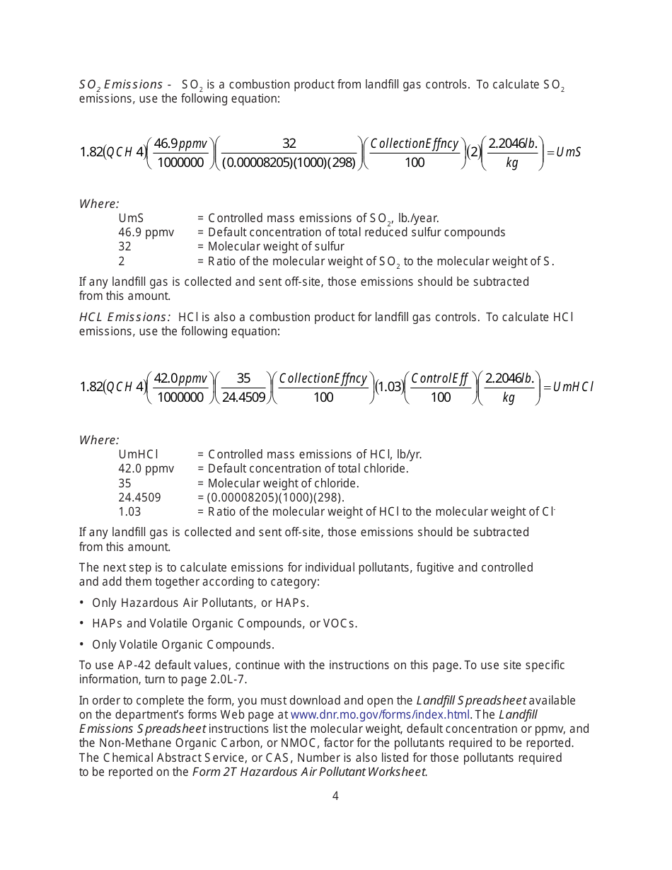 Instructions for Form MO780-1583, EIQ Form 2.0L Landfill Worksheet - Missouri, Page 4