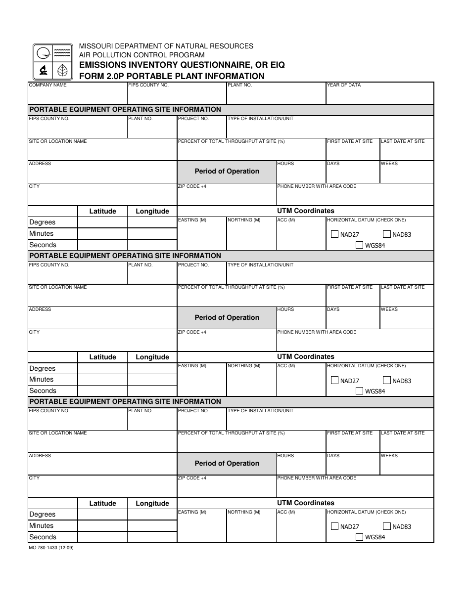 Form MO780-1433 (EIQ Form 2.0P) Portable Plant Information - Missouri, Page 1