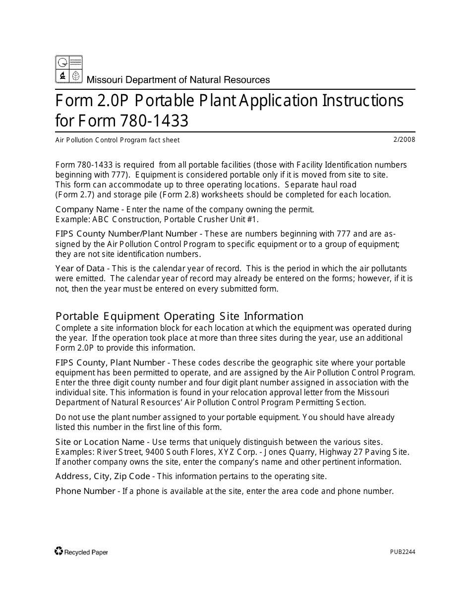 Instructions for Form MO780-1433, EIQ Form 2.0P Portable Plant Information - Missouri, Page 1