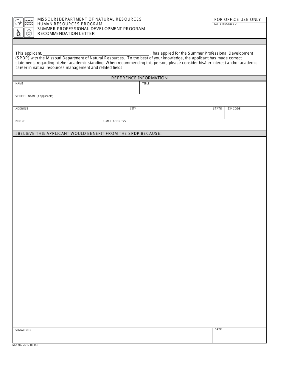 Form MO780-2010 Summer Professional Development Program Recommendation Letter - Missouri, Page 1