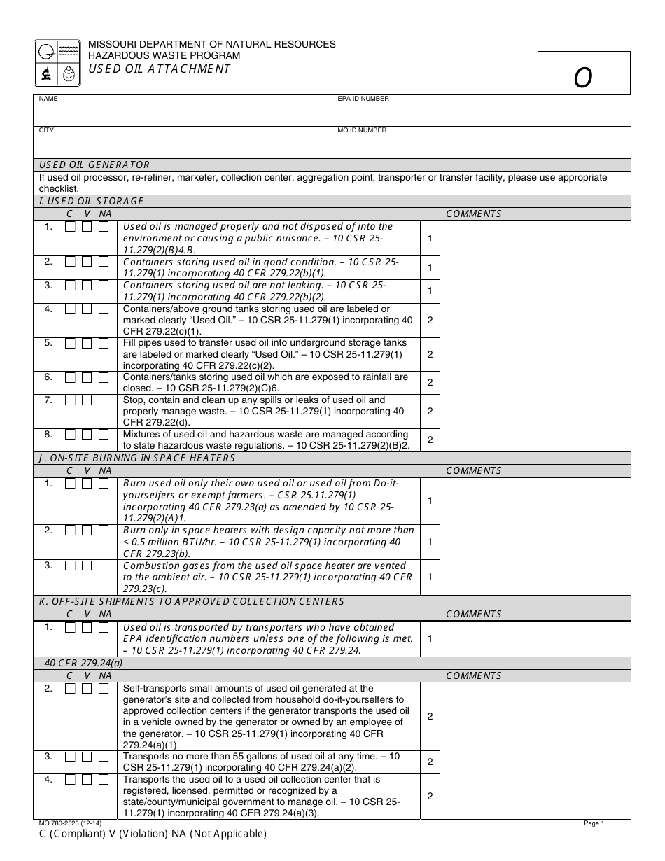 Form MO780-2526 Used Oil Attachment - Missouri, Page 1