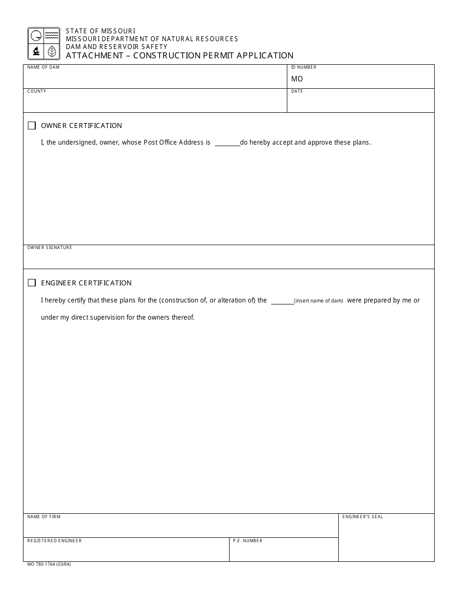 Form MO780-1764 Certification - Construction Permit Application - Missouri, Page 1