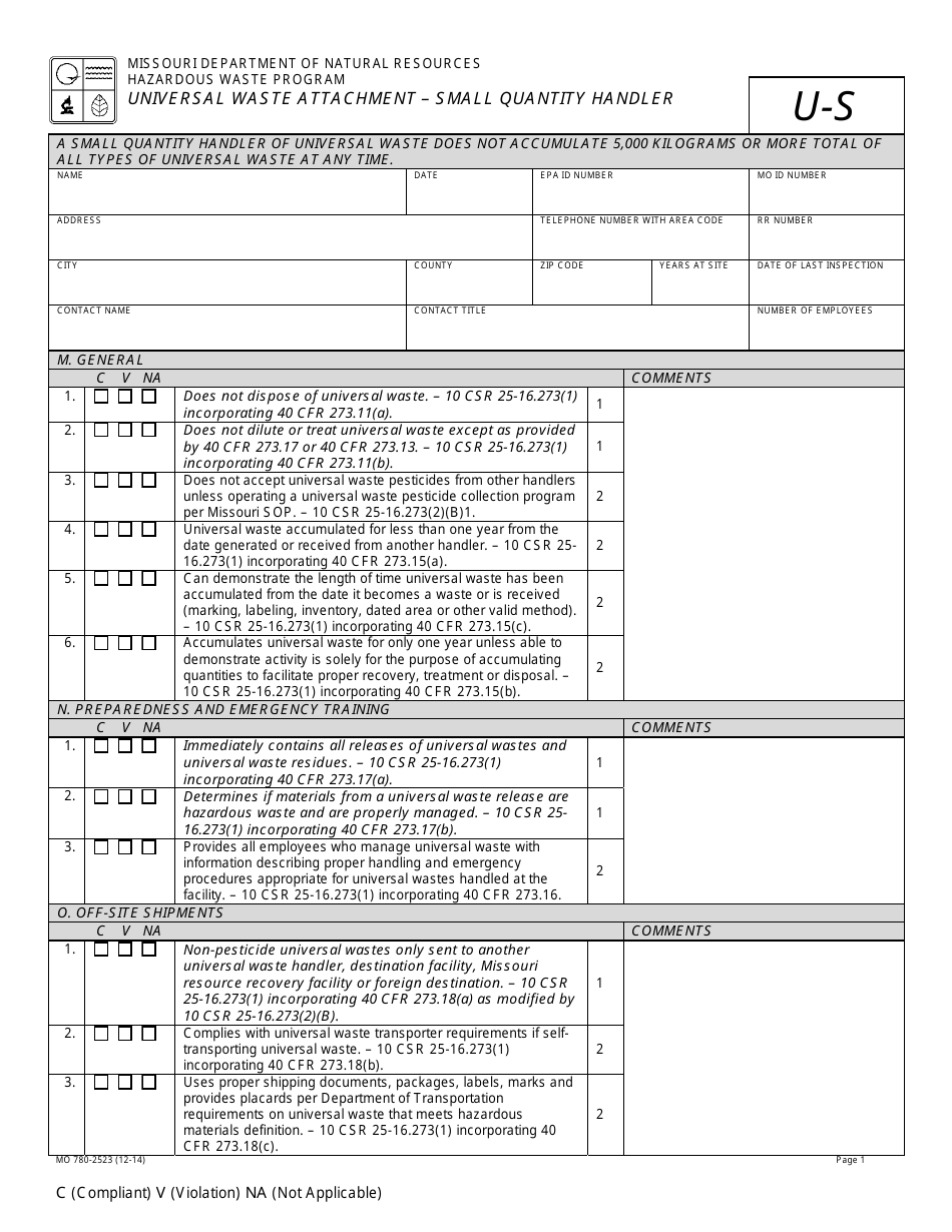 Form MO780-2523 Universal Waste Attachment - Small Quantity Handler - Missouri, Page 1