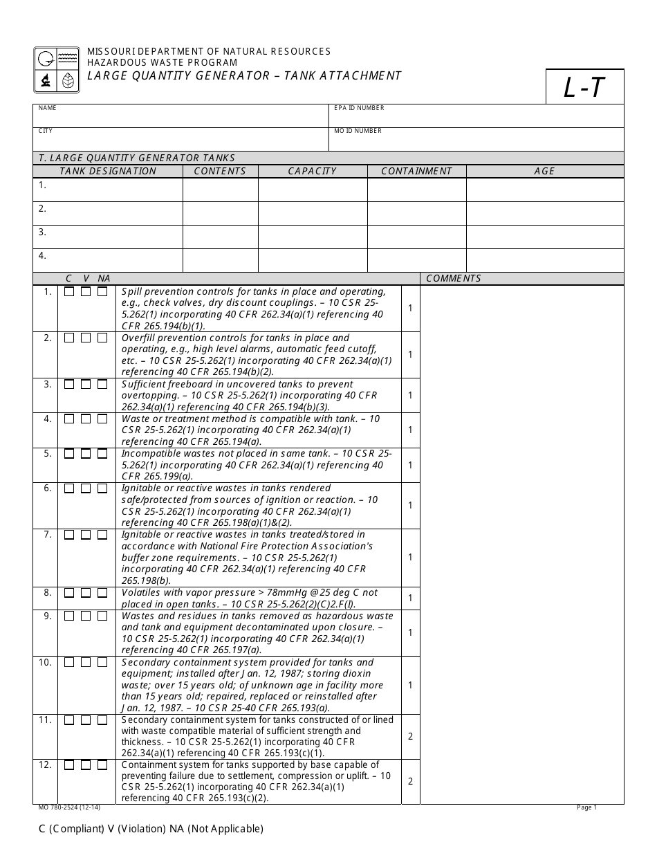 Form MO780-2524 Large Quantity Generator tank Attachment - Missouri, Page 1