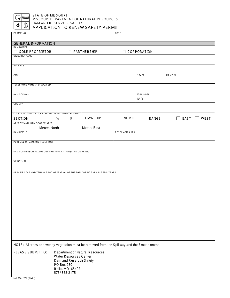 Form MO780-1761 Application to Renew Safety Permit - Missouri, Page 1