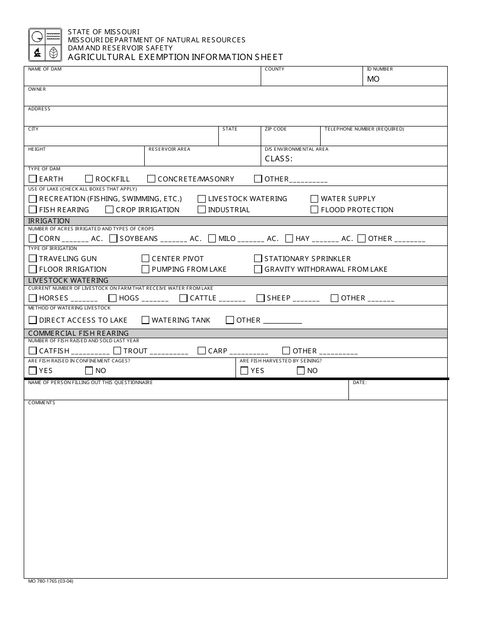 Form MO780-1765 Agricultural Exemption Information Sheet - Missouri, Page 1