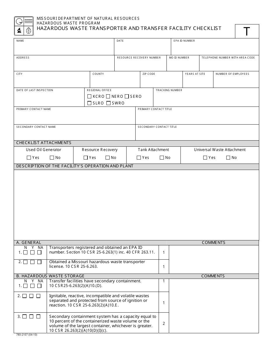 Form MO780-2107 Hazardous Waste Transporter and Facility Checklist - Missouri, Page 1