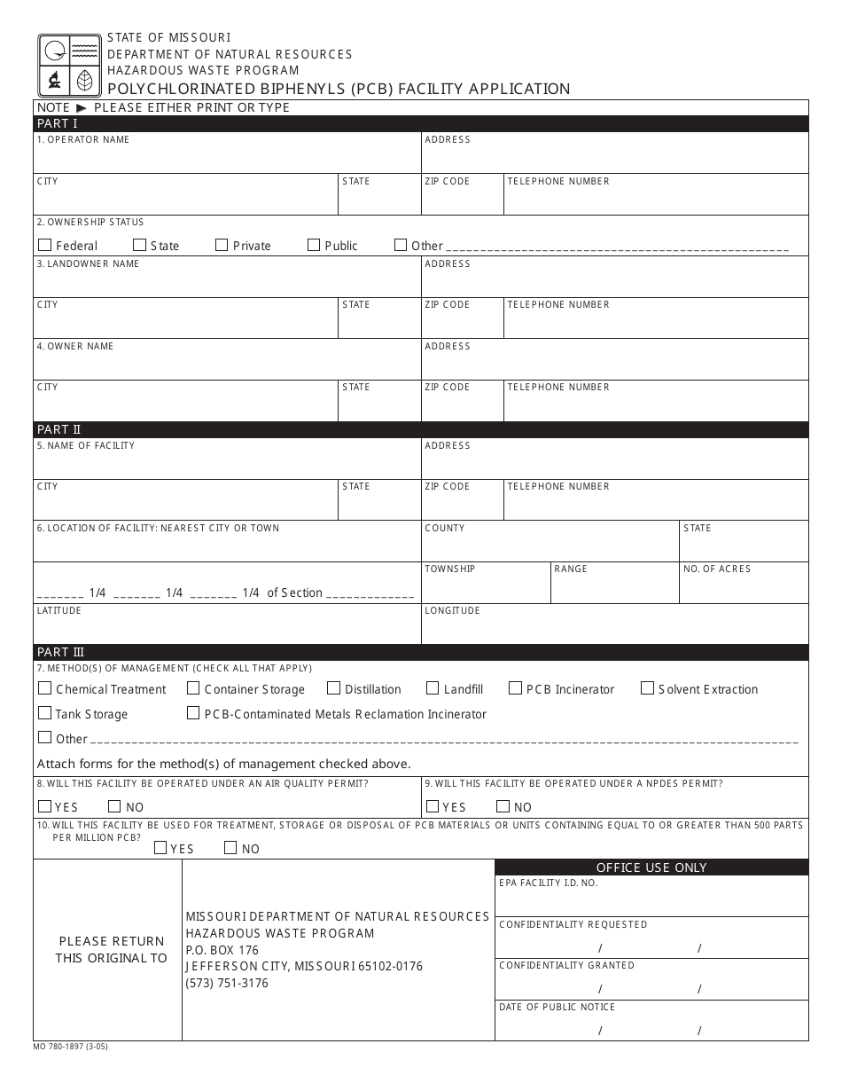 Form MO780-1897 Polychlorinated Biphenyls (Pcb) Facility Application - Missouri, Page 1