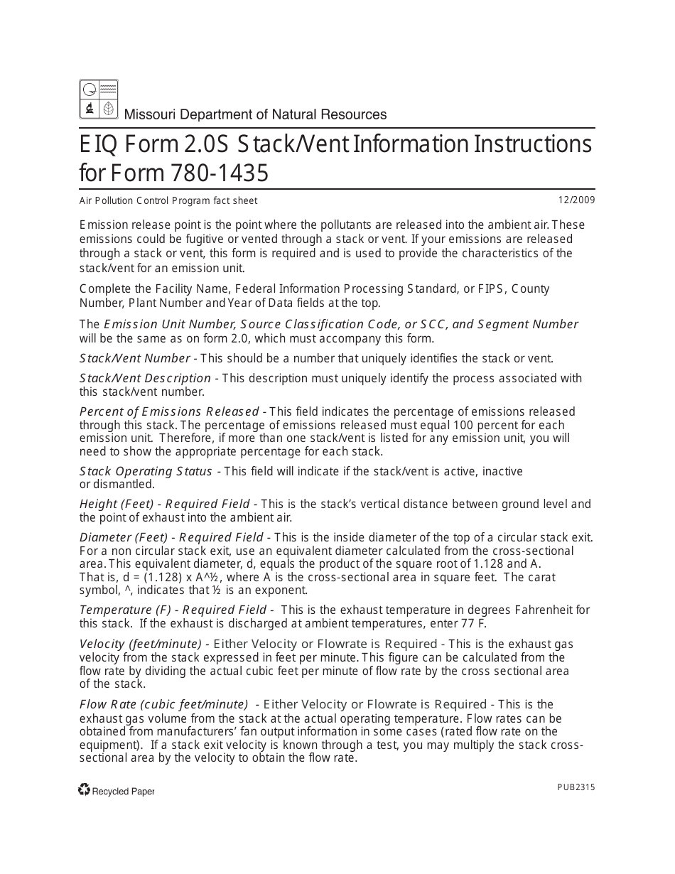 Instructions for Form MO780-1435, EIQ Form 2.0S Stack/Vent Information - Missouri, Page 1