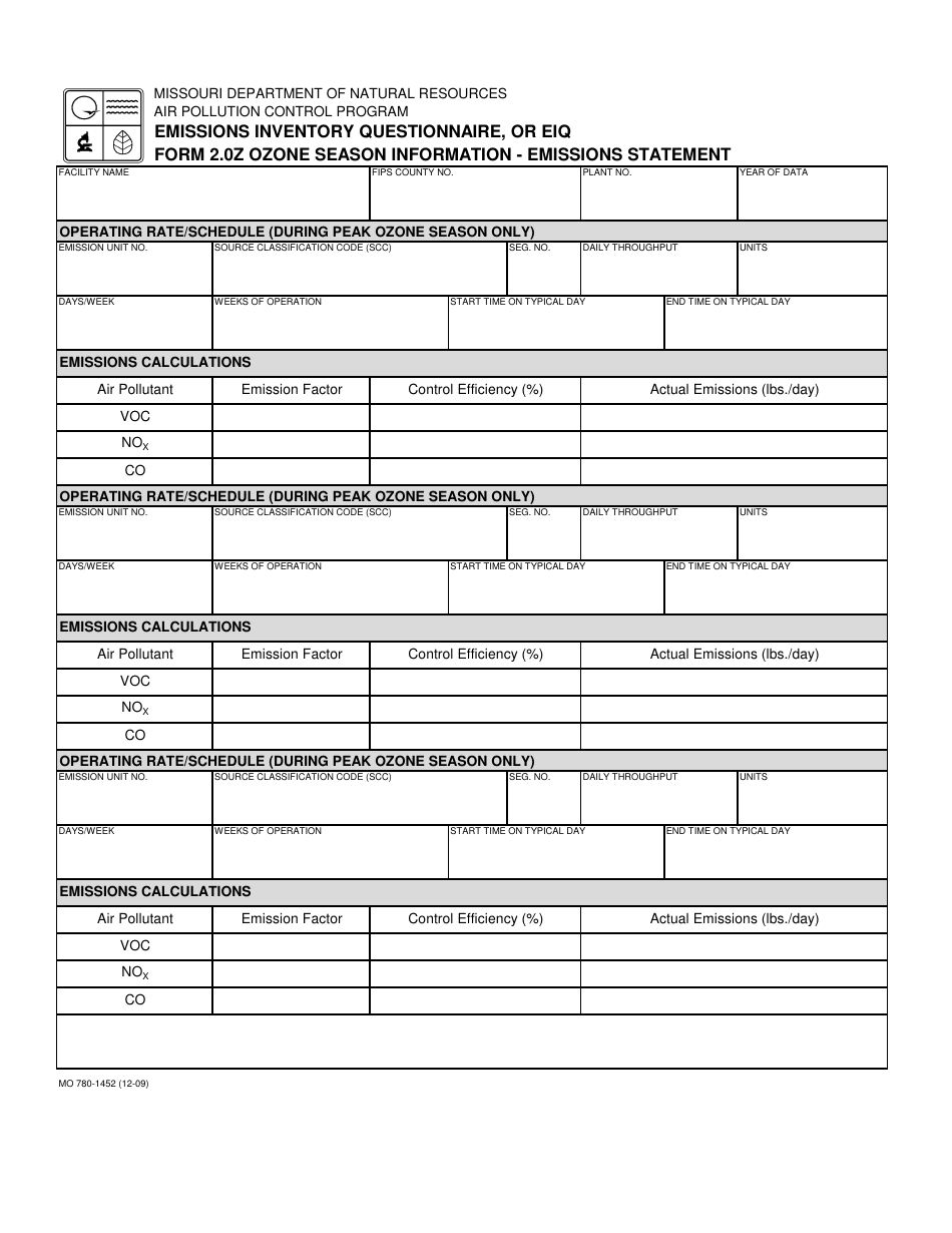 Form MO780-1452 (EIQ Form 2.0Z) Ozone Season Information - Emissions Statement - Missouri, Page 1